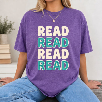 Read Read Read Read Printed T-Shirt | Simple Book Lover Gift Heather Purple
