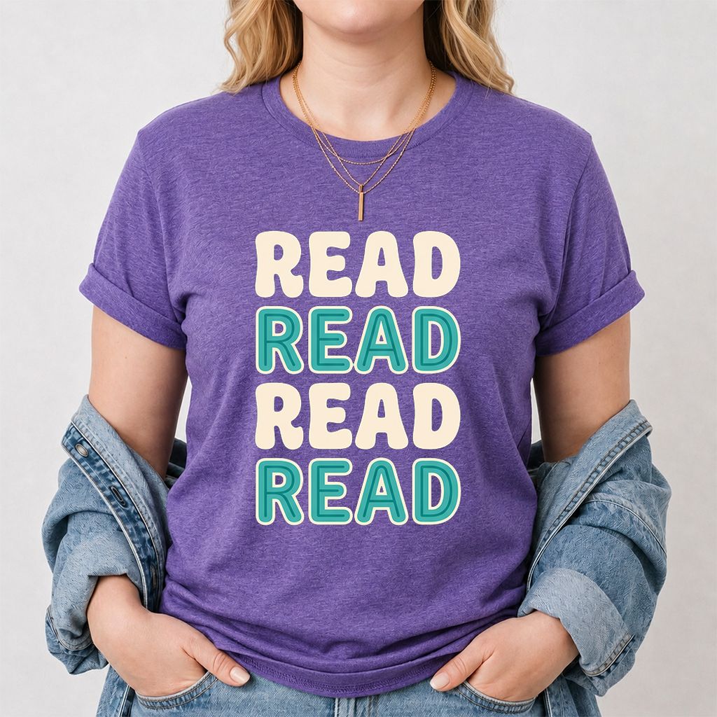 Read Read Read Read Printed T-Shirt | Simple Book Lover Gift Heather Purple