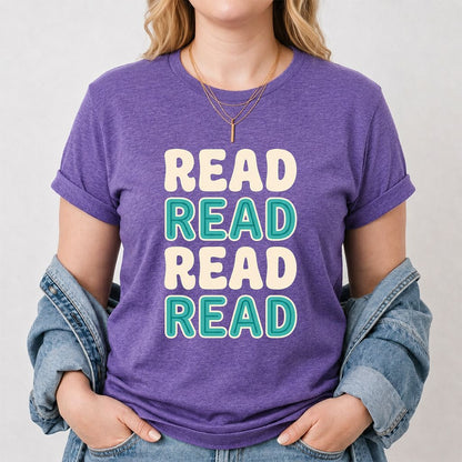 Read Read Read Read Printed T-Shirt | Simple Book Lover Gift Heather Purple