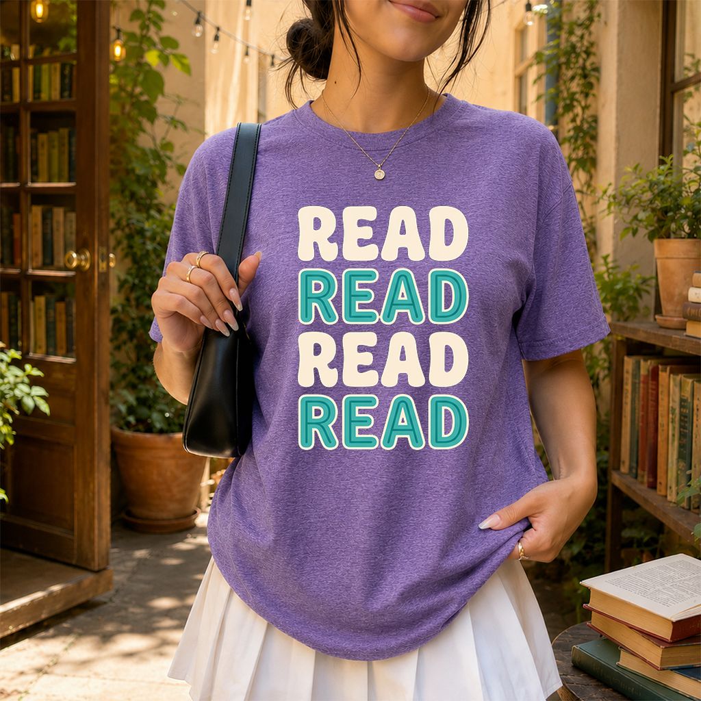 Read Read Read Read Printed T-Shirt | Simple Book Lover Gift Heather Purple