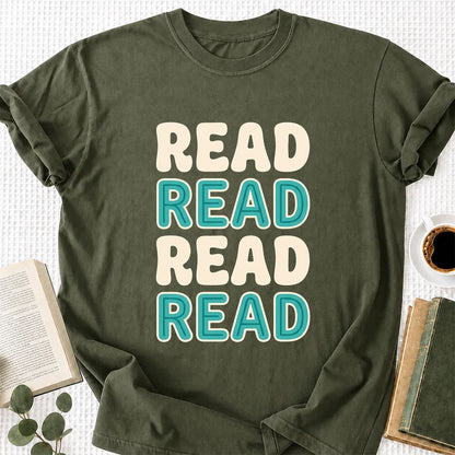 Read Read Read Read Printed T-Shirt | Simple Book Lover Gift Military Green