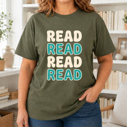 Read Read Read Read Printed T-Shirt | Simple Book Lover Gift Military Green