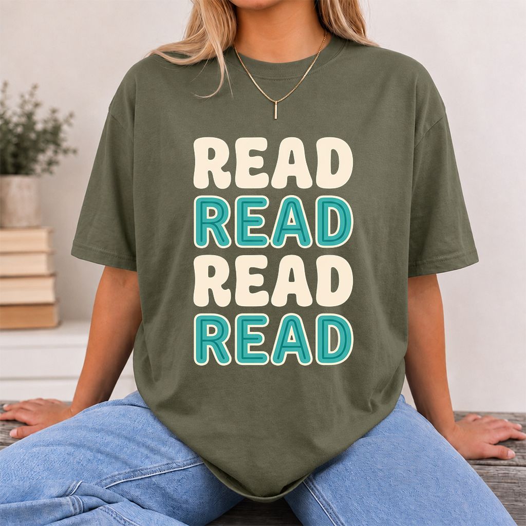 Read Read Read Read Printed T-Shirt | Simple Book Lover Gift Military Green