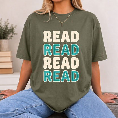Read Read Read Read Printed T-Shirt | Simple Book Lover Gift Military Green