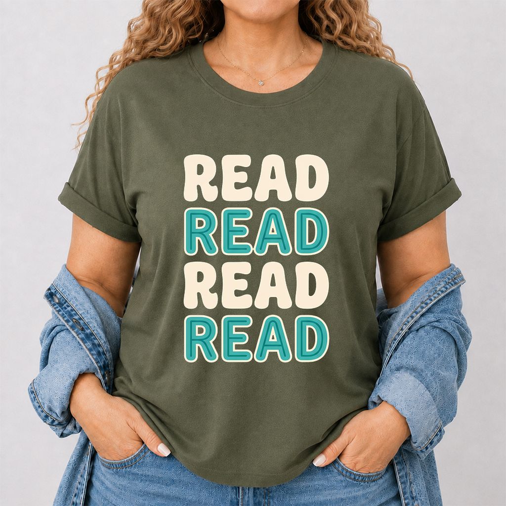 Read Read Read Read Printed T-Shirt | Simple Book Lover Gift Military Green