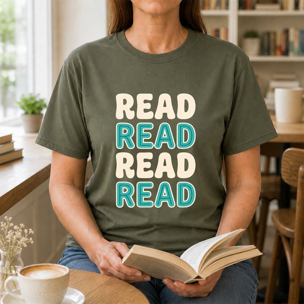 Read Read Read Read Printed T-Shirt | Simple Book Lover Gift Military Green