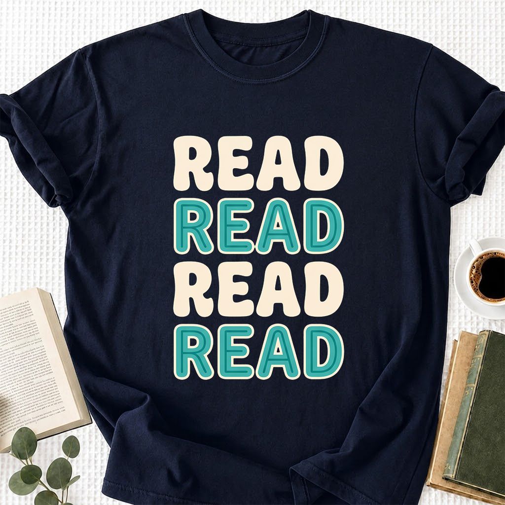 Read Read Read Read Printed T-Shirt | Simple Book Lover Gift Navy