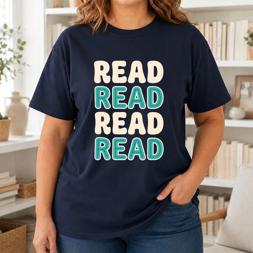 Read Read Read Read Printed T-Shirt | Simple Book Lover Gift Navy