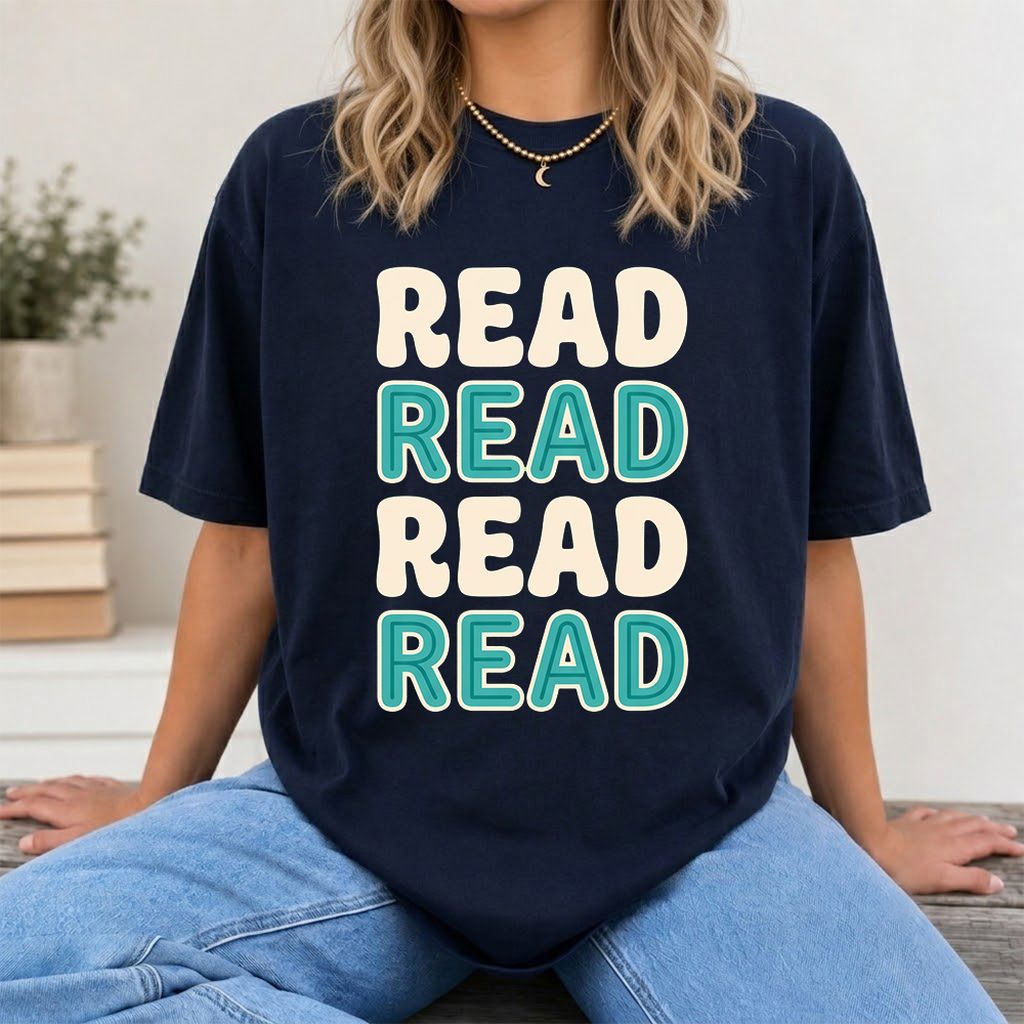 Read Read Read Read Printed T-Shirt | Simple Book Lover Gift Navy