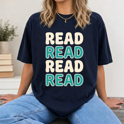 Read Read Read Read Printed T-Shirt | Simple Book Lover Gift Navy
