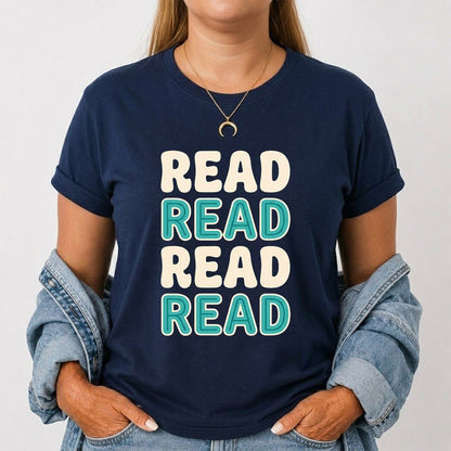 Read Read Read Read Printed T-Shirt | Simple Book Lover Gift Navy