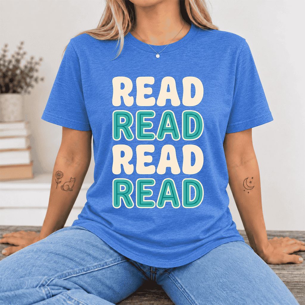 Read Read Read Read Ultra-Soft Cotton T-Shirt | Simple Book Lover Gift Heather True Royal