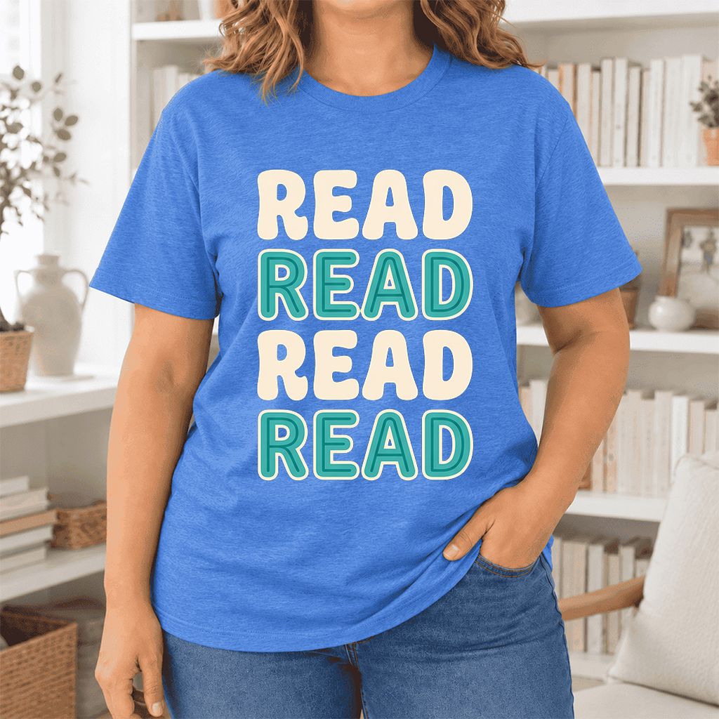 Read Read Read Read Ultra-Soft Cotton T-Shirt | Simple Book Lover Gift Heather True Royal