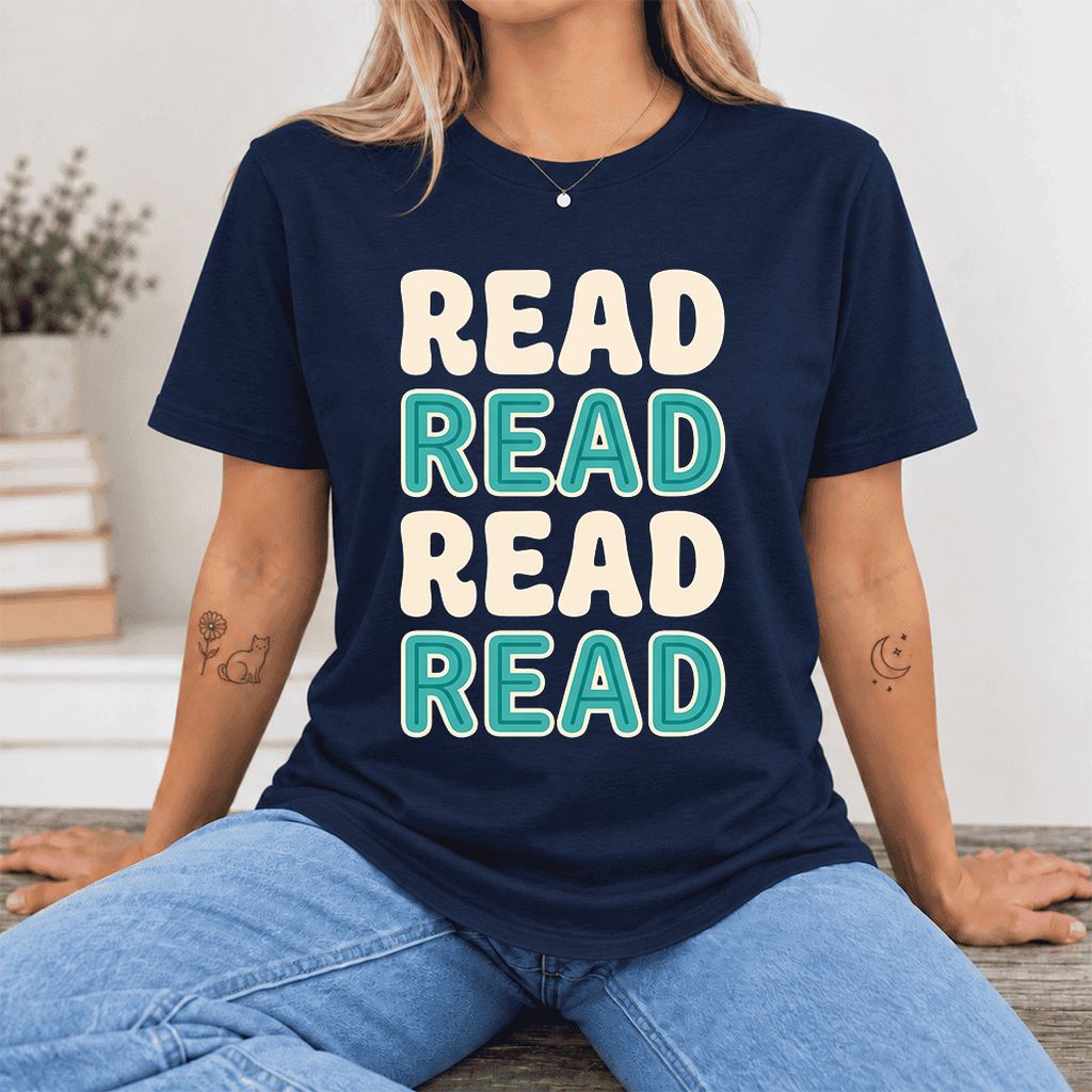 Read Read Read Read Ultra-Soft Cotton T-Shirt | Simple Book Lover Gift Navy