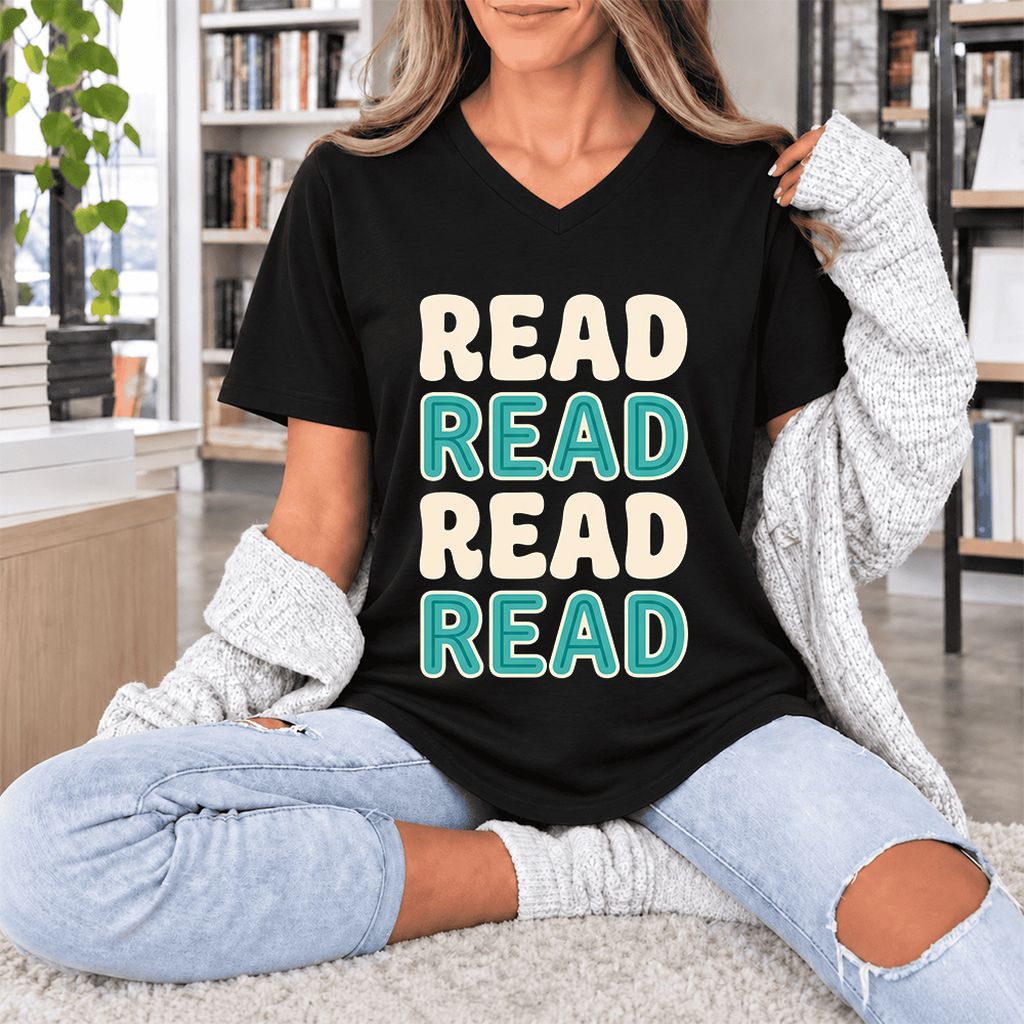 Read Read Read Read Ultra-Soft V-Neck | Simple Book Lover Gift Black