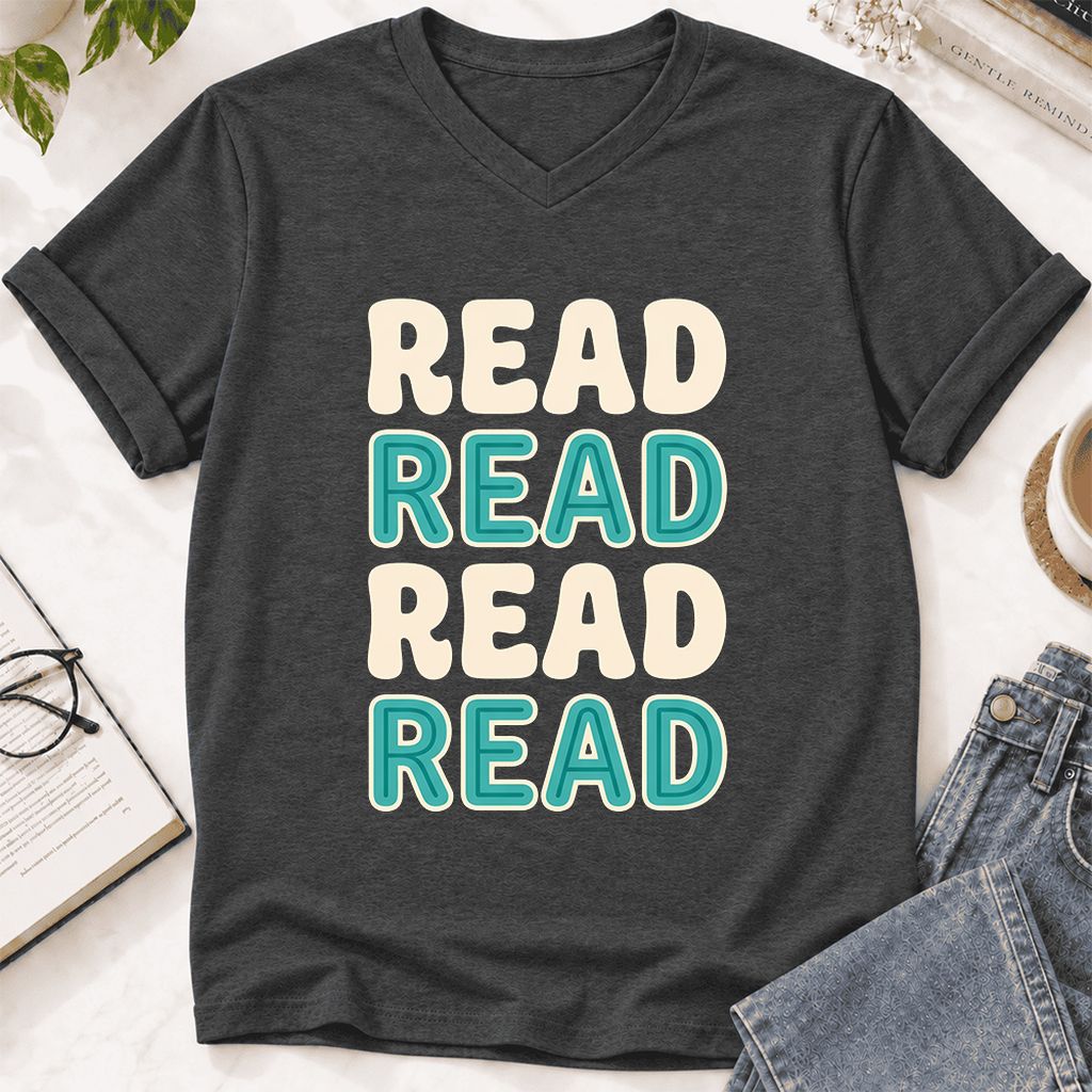 Read Read Read Read Ultra-Soft V-Neck | Simple Book Lover Gift Dark Grey Heather
