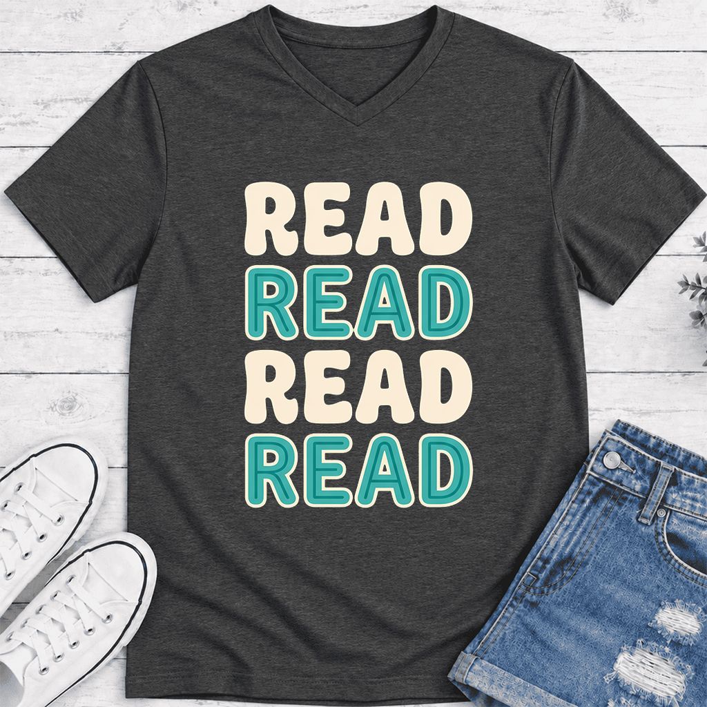 Read Read Read Read Ultra-Soft V-Neck | Simple Book Lover Gift Dark Grey Heather