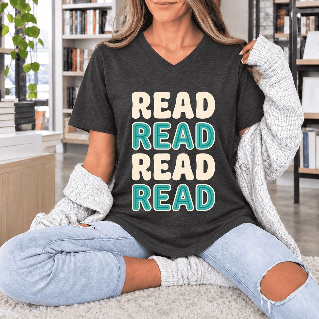 Read Read Read Read Ultra-Soft V-Neck | Simple Book Lover Gift Dark Grey Heather