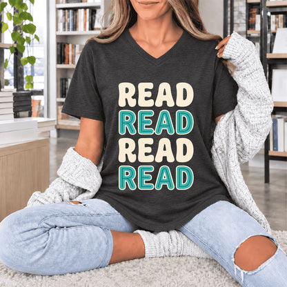 Read Read Read Read Ultra-Soft V-Neck | Simple Book Lover Gift Dark Grey Heather