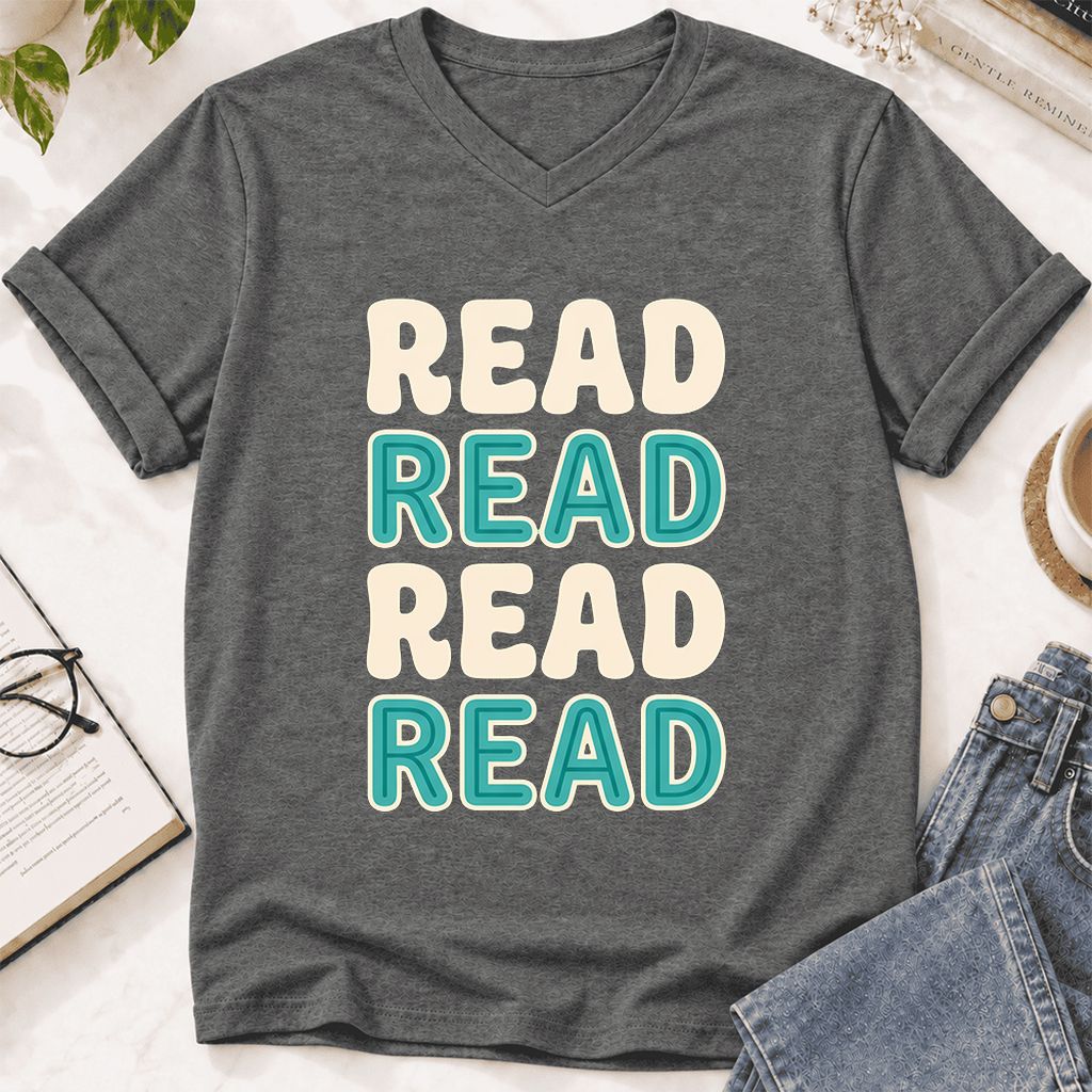 Read Read Read Read Ultra-Soft V-Neck | Simple Book Lover Gift Deep Heather