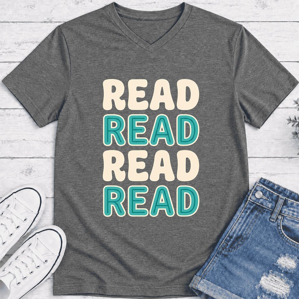 Read Read Read Read Ultra-Soft V-Neck | Simple Book Lover Gift Deep Heather
