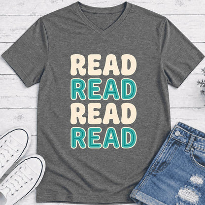 Read Read Read Read Ultra-Soft V-Neck | Simple Book Lover Gift Deep Heather