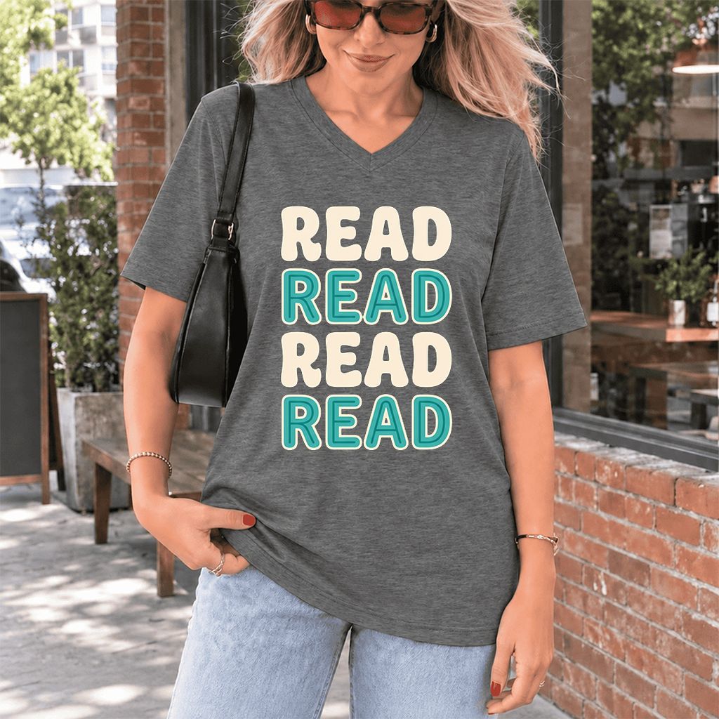 Read Read Read Read Ultra-Soft V-Neck | Simple Book Lover Gift Deep Heather