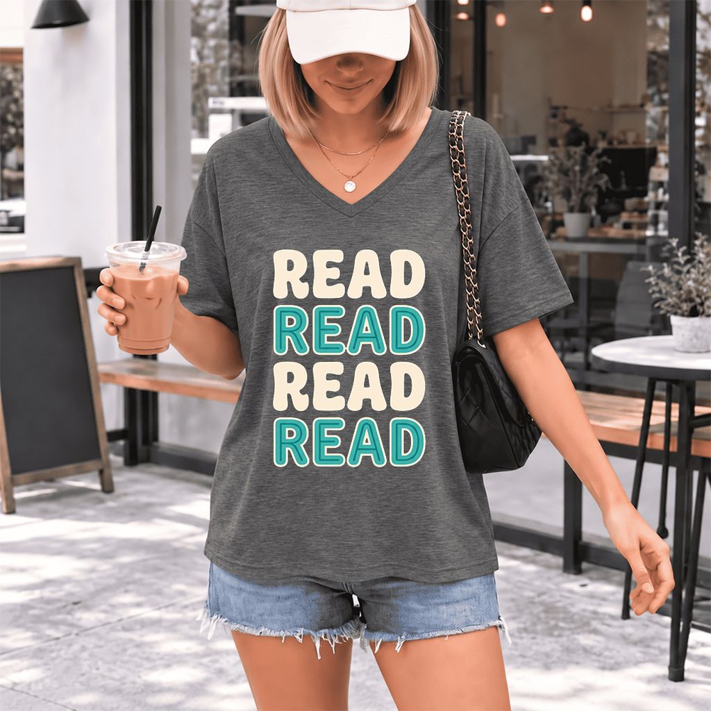 Read Read Read Read Ultra-Soft V-Neck | Simple Book Lover Gift Deep Heather