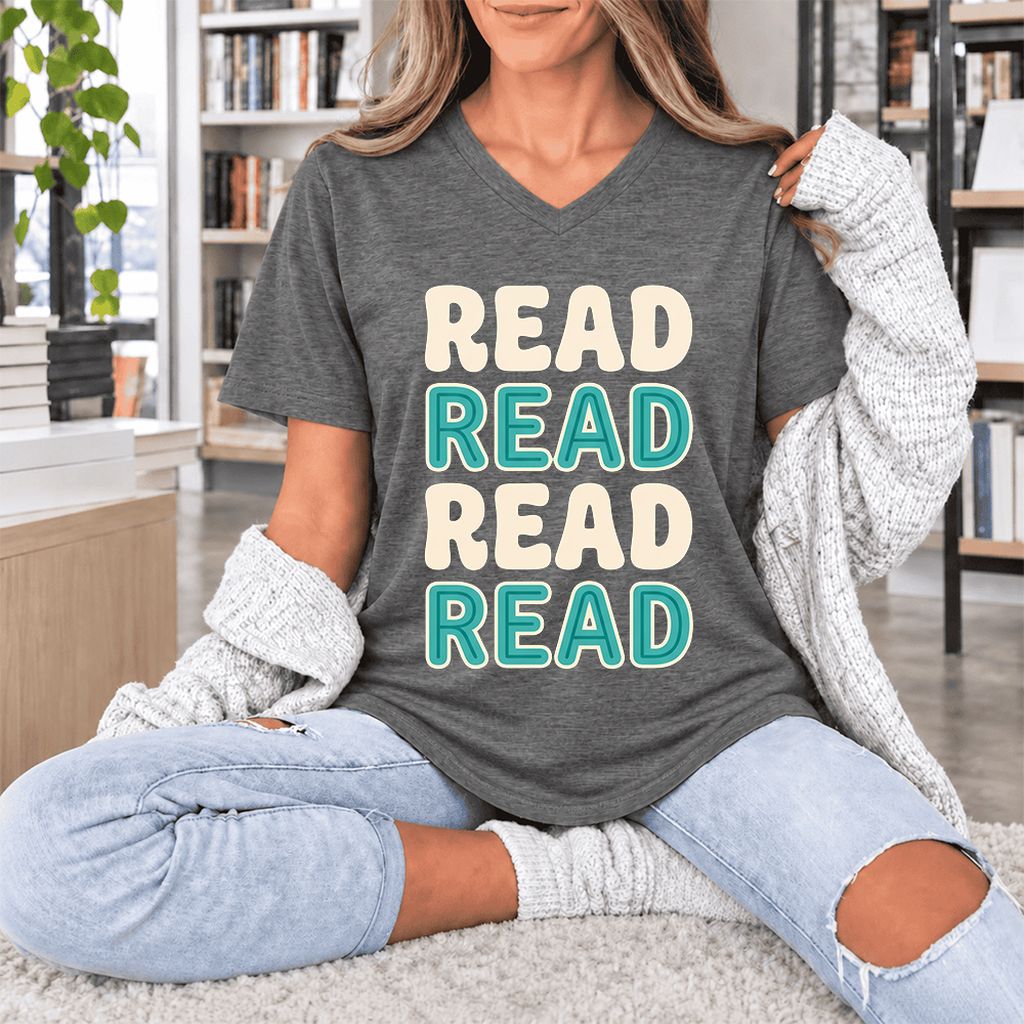 Read Read Read Read Ultra-Soft V-Neck | Simple Book Lover Gift Deep Heather