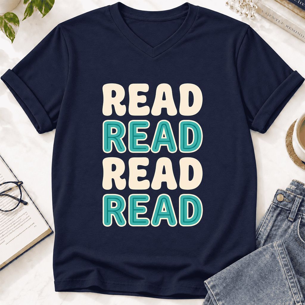 Read Read Read Read Ultra-Soft V-Neck | Simple Book Lover Gift Navy