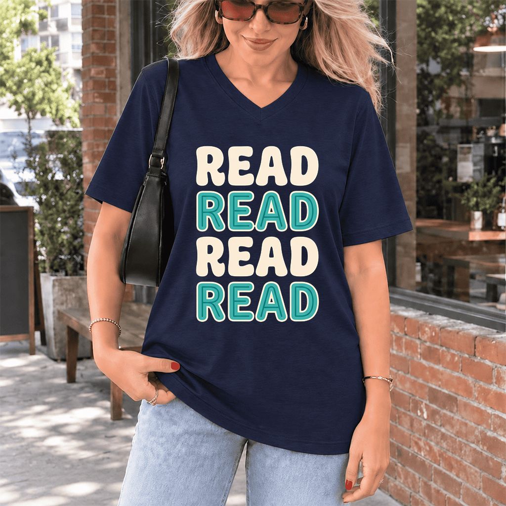 Read Read Read Read Ultra-Soft V-Neck | Simple Book Lover Gift Navy