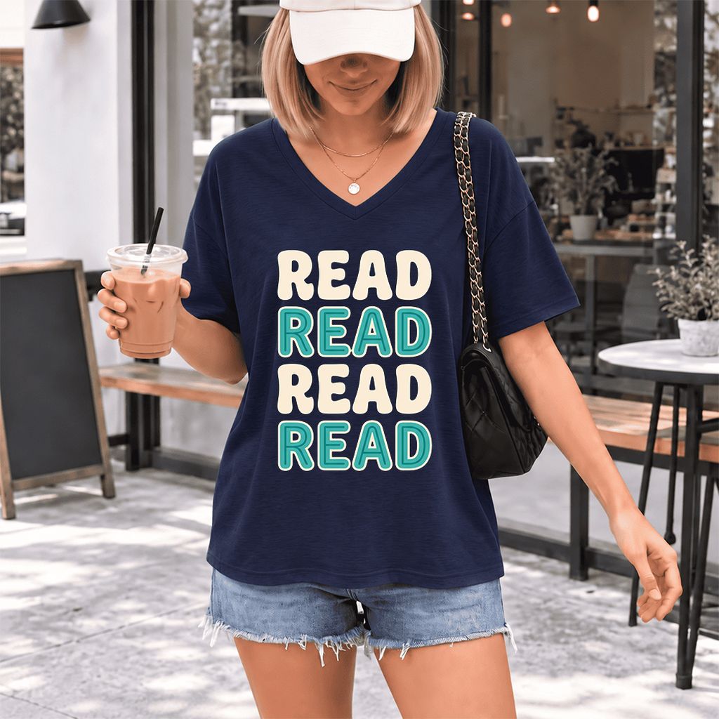 Read Read Read Read Ultra-Soft V-Neck | Simple Book Lover Gift Navy