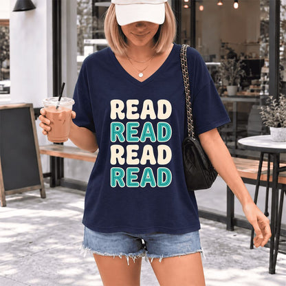 Read Read Read Read Ultra-Soft V-Neck | Simple Book Lover Gift Navy