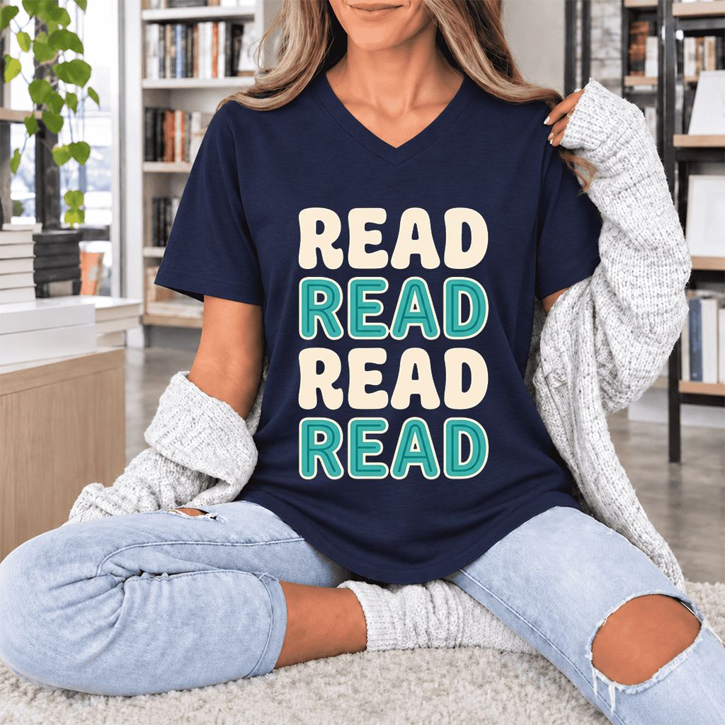 Read Read Read Read Ultra-Soft V-Neck | Simple Book Lover Gift Navy