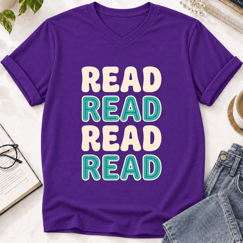 Read Read Read Read Ultra-Soft V-Neck | Simple Book Lover Gift Team Purple