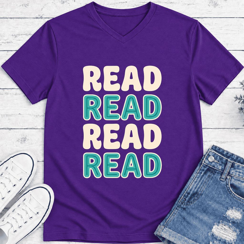 Read Read Read Read Ultra-Soft V-Neck | Simple Book Lover Gift Team Purple