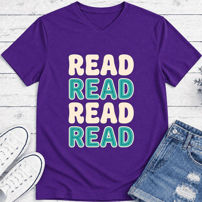 Read Read Read Read Ultra-Soft V-Neck | Simple Book Lover Gift Team Purple
