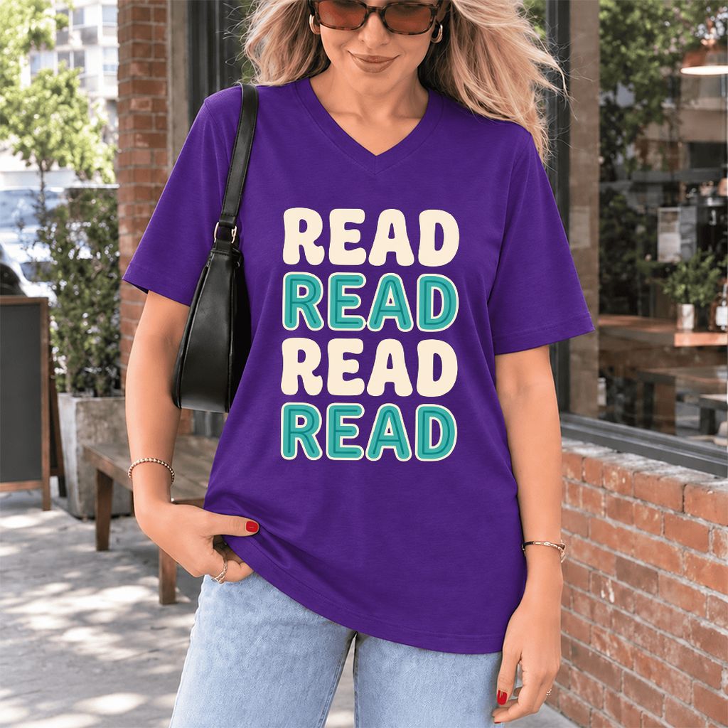 Read Read Read Read Ultra-Soft V-Neck | Simple Book Lover Gift Team Purple