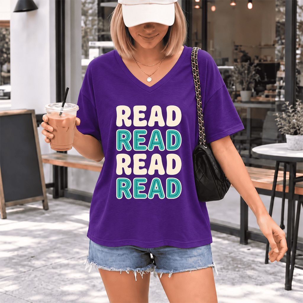 Read Read Read Read Ultra-Soft V-Neck | Simple Book Lover Gift Team Purple