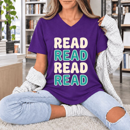 Read Read Read Read Ultra-Soft V-Neck | Simple Book Lover Gift Team Purple
