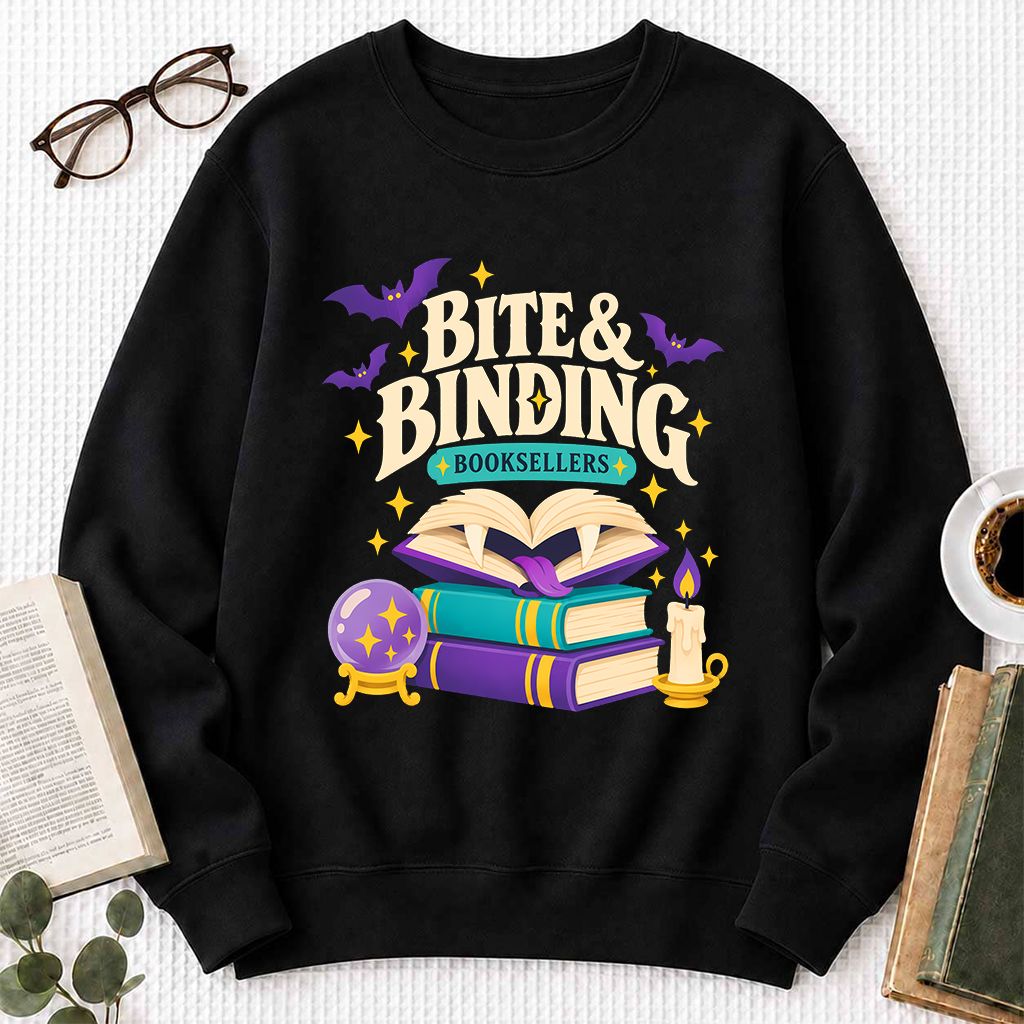 Bite & Binding Booksellers Printed Sweatshirt | Fantasy Reader Gift Black