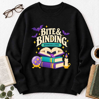 Bite & Binding Booksellers Printed Sweatshirt | Fantasy Reader Gift Black