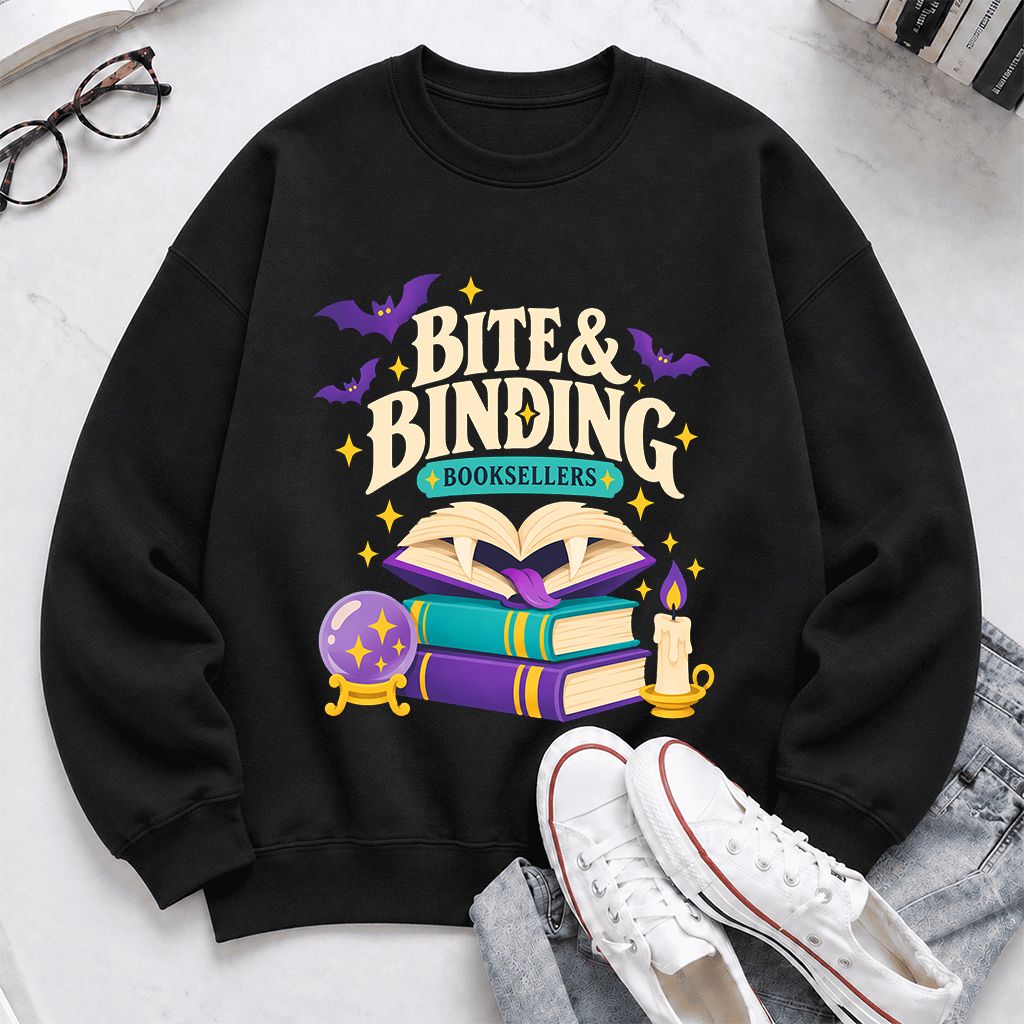 Bite & Binding Booksellers Printed Sweatshirt | Fantasy Reader Gift Black