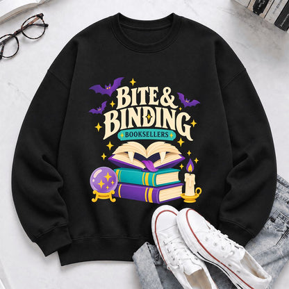 Bite & Binding Booksellers Printed Sweatshirt | Fantasy Reader Gift Black