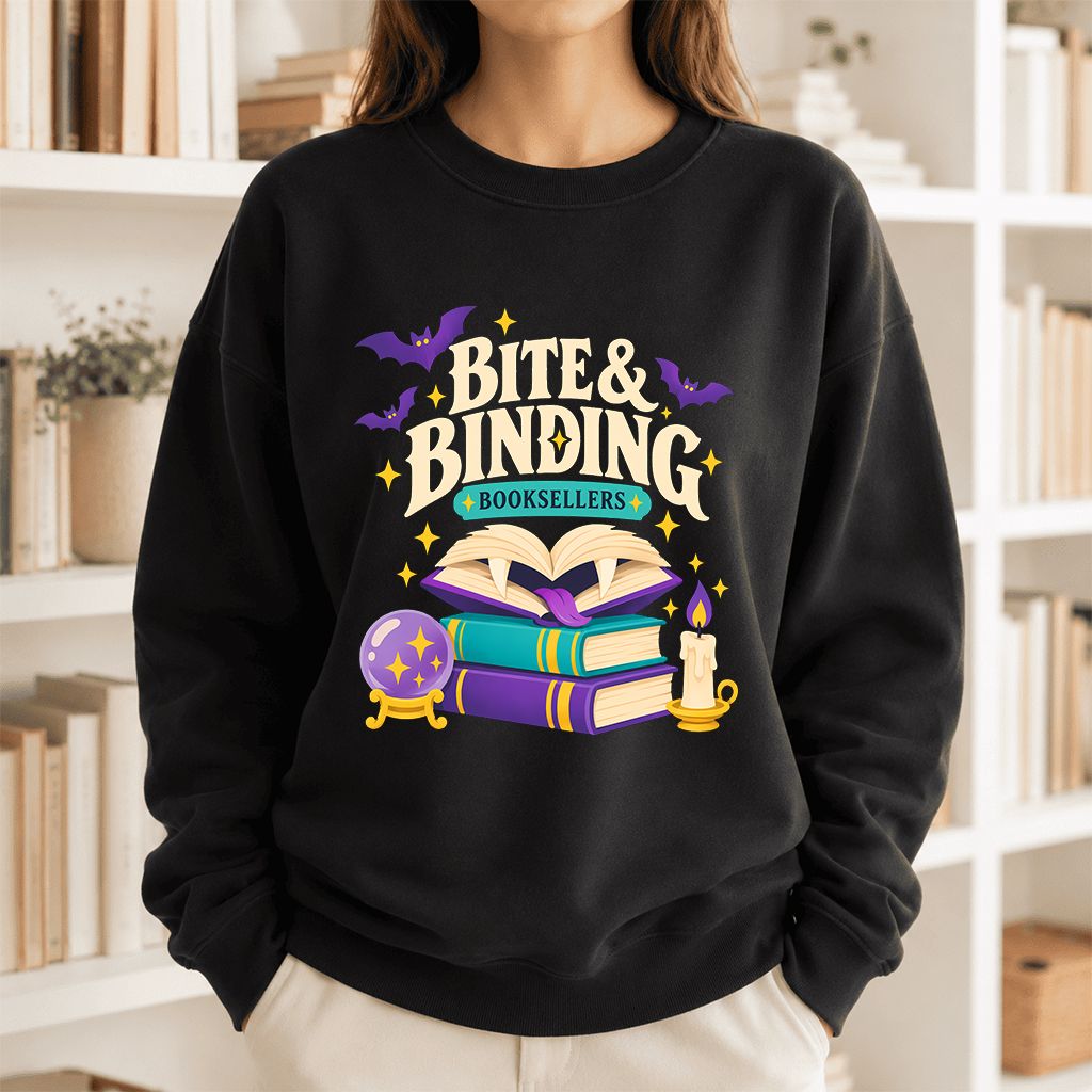 Bite & Binding Booksellers Printed Sweatshirt | Fantasy Reader Gift Black