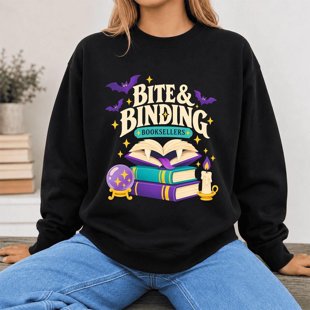 Bite & Binding Booksellers Printed Sweatshirt | Fantasy Reader Gift Black