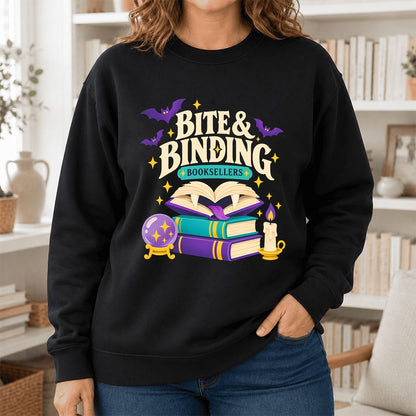 Bite & Binding Booksellers Printed Sweatshirt | Fantasy Reader Gift Black