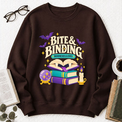 Bite & Binding Booksellers Printed Sweatshirt | Fantasy Reader Gift Dark Chocolate