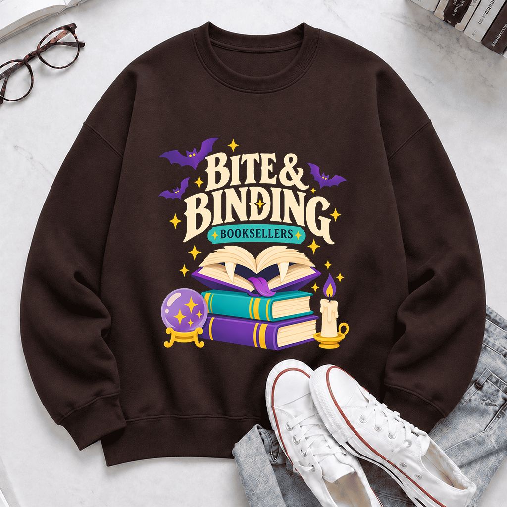 Bite & Binding Booksellers Printed Sweatshirt | Fantasy Reader Gift Dark Chocolate