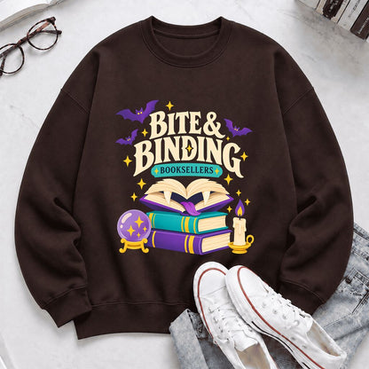 Bite & Binding Booksellers Printed Sweatshirt | Fantasy Reader Gift Dark Chocolate